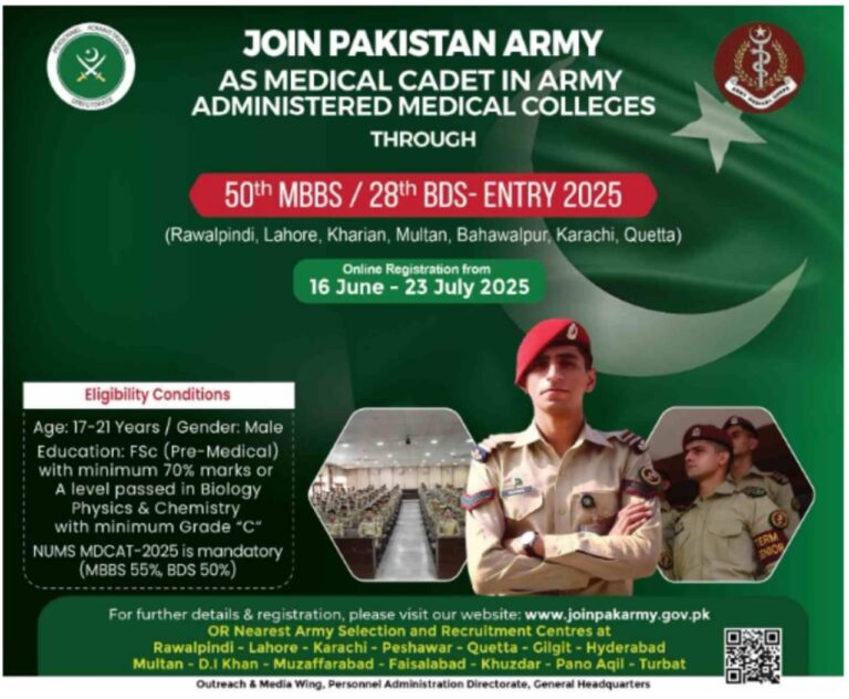 Join PAK Army as Medical Cadet 2025 – Apply for 50th MBBS & 28th BDS Entry