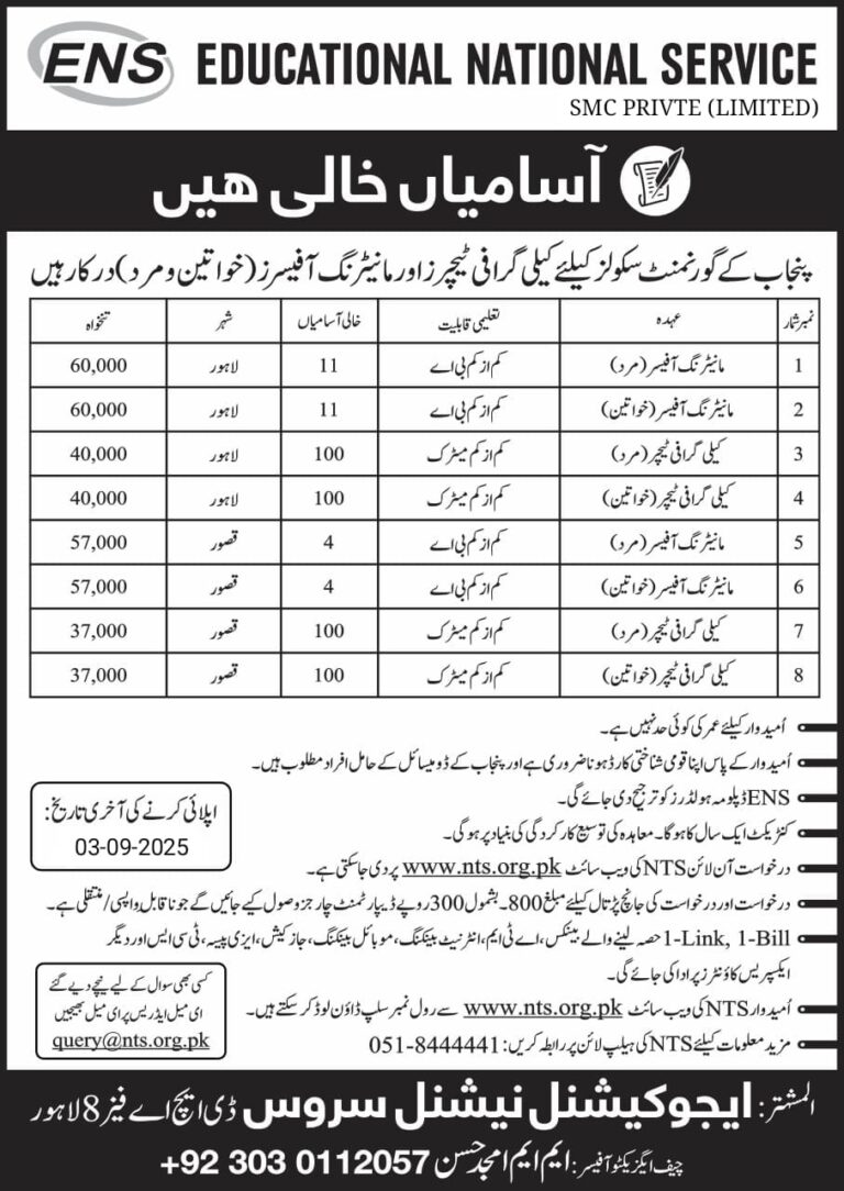 Educational National Service ENS Jobs 2025 in Punjab | Apply Online